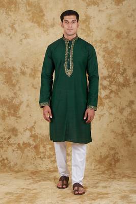 green handwoven embroidered kurta set 1