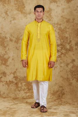 sunshine: handwoven embroidered kurta set maize yellow 1