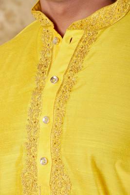 sunshine: handwoven embroidered kurta set maize yellow 4