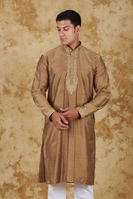 sunshine: handwoven embroidered kurta set raw umber 1