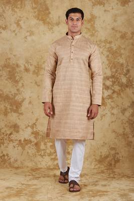 dark cream textured men's kurta set 1