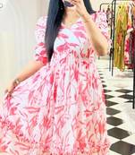 Pink Cotton Printed Long Kurti