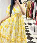 Yellow Cotton Printed Gown