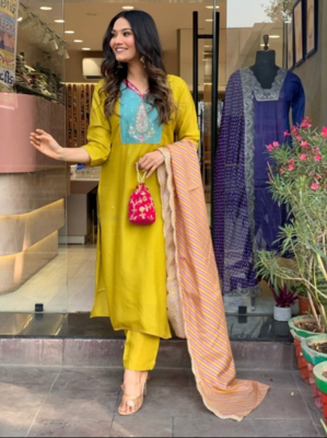 Lemon Viscose Straight Kurta Pant and Dupatta Set 1