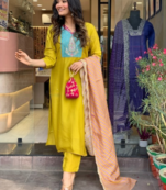 Lemon Viscose Fabric Straight Kurta, Pant and Dupatta Set