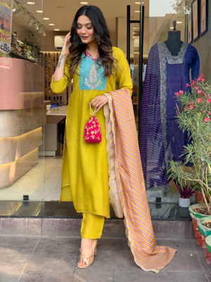 Lemon Viscose Straight Kurta Pant and Dupatta Set 2