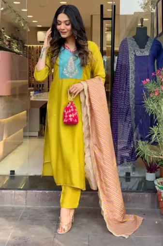 Lemon Viscose Straight Kurta Pant and Dupatta Set