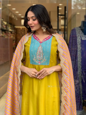 Lemon Viscose Straight Kurta Pant and Dupatta Set 3