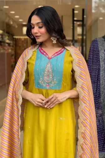 Lemon Viscose Straight Kurta Pant and Dupatta Set