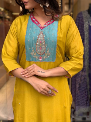Lemon Viscose Straight Kurta Pant and Dupatta Set 4