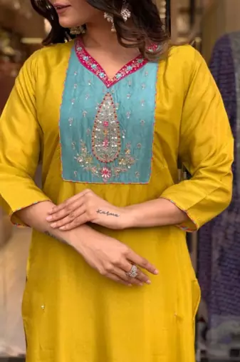 Lemon Viscose Straight Kurta Pant and Dupatta Set