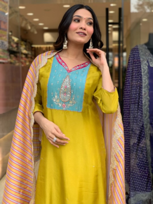Lemon Viscose Straight Kurta Pant and Dupatta Set 5