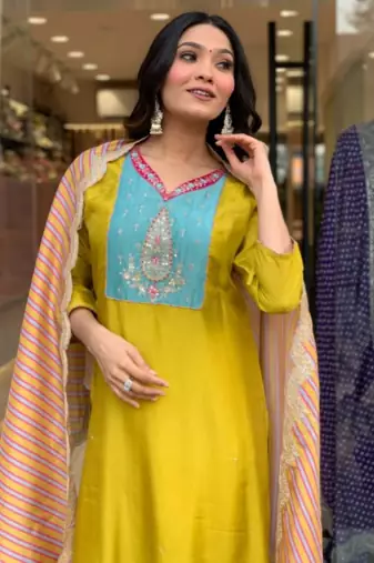 Lemon Viscose Straight Kurta Pant and Dupatta Set