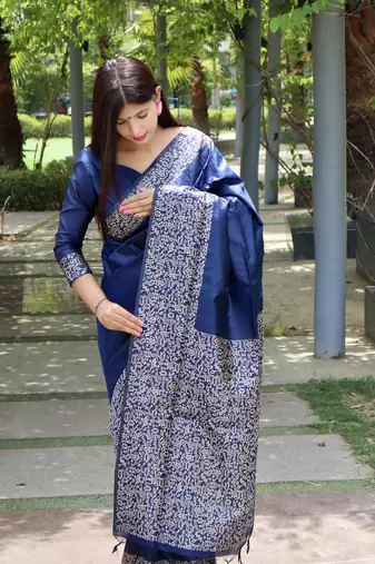 Navy Blue silk blend Blend Saree Festive Wear
