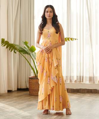 Yellow satin fusion saree 1
