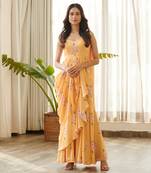 Yellow satin fusion saree