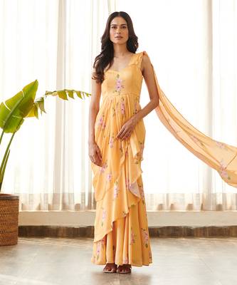 Yellow satin fusion saree 2