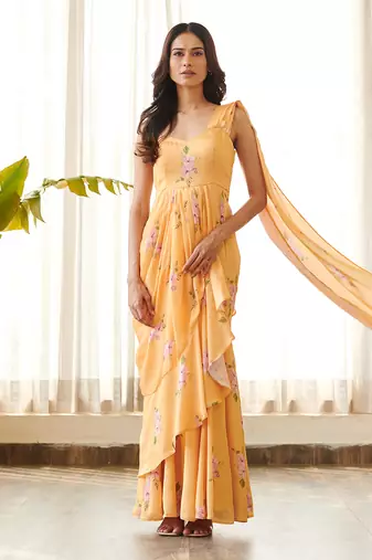 Yellow satin fusion saree