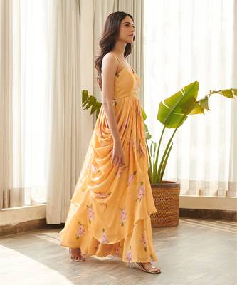 Yellow satin fusion saree 3