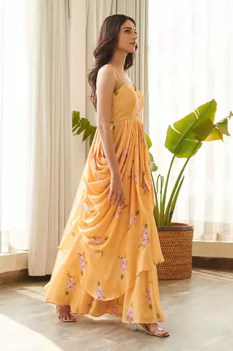 Yellow satin fusion saree
