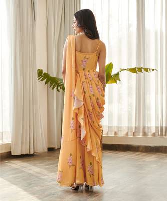 Yellow satin fusion saree 5