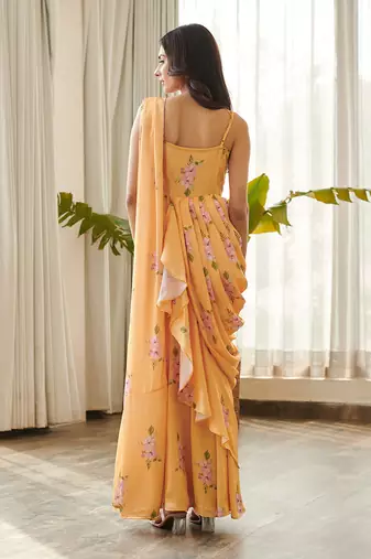 Yellow satin fusion saree