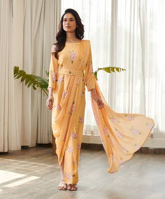Yellow satin fusion saree 1