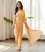 Yellow satin fusion saree