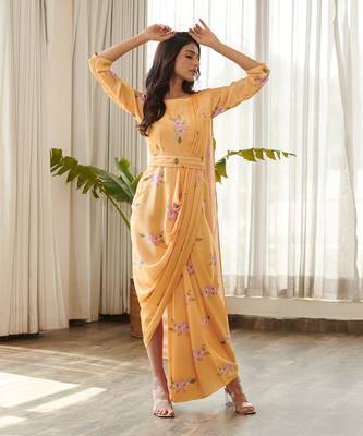 Yellow satin fusion saree 2