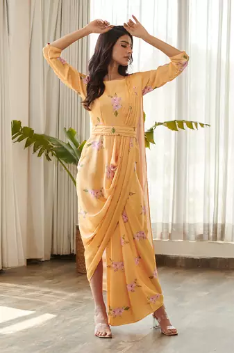 Yellow satin fusion saree