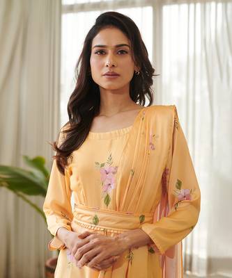 Yellow satin fusion saree 3