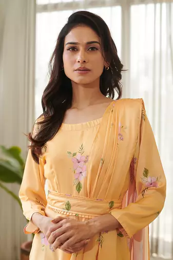 Yellow satin fusion saree
