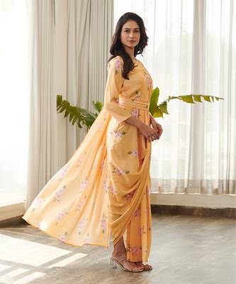 Yellow satin fusion saree 4