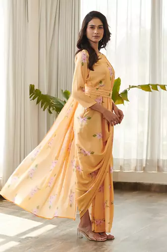 Yellow satin fusion saree