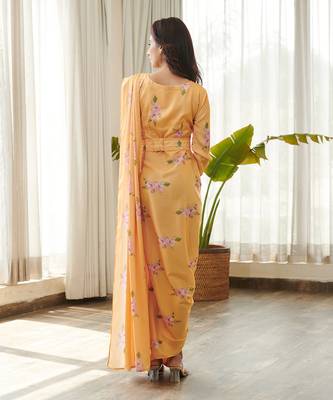 Yellow satin fusion saree 5