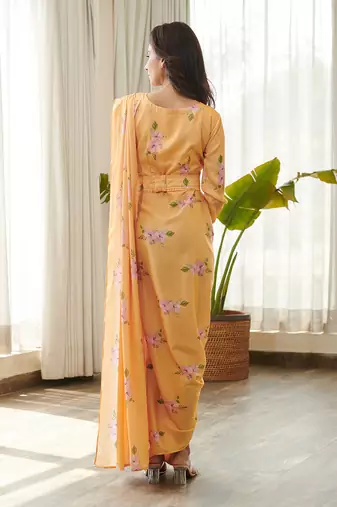 Yellow satin fusion saree