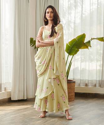 Green satin fusion saree 1