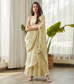 Green satin fusion saree