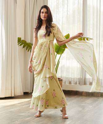 Green satin fusion saree 2