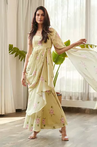 Green satin fusion saree