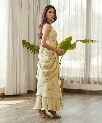 Green satin fusion saree 3