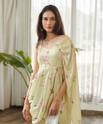 Green satin fusion saree 4