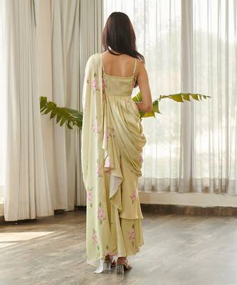 Green satin fusion saree 5