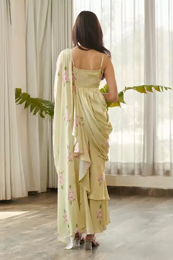 Green satin fusion saree