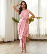 Pink satin fusion saree