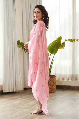 Pink satin fusion saree