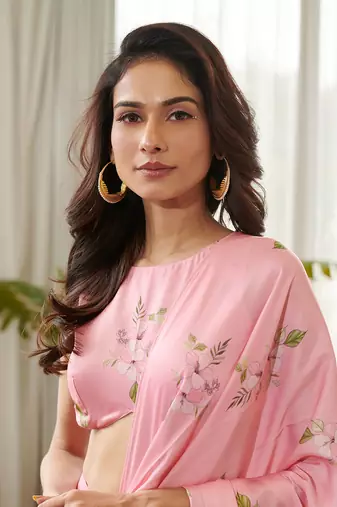 Pink satin fusion saree
