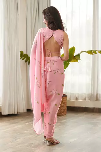 Pink satin fusion saree