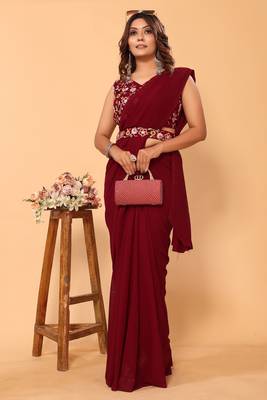 ready to wear stitched georgette maroon saree with embroidery work unstitched blouse piece with embroidery waist belt 1