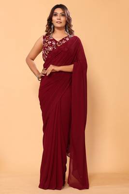 ready to wear stitched georgette maroon saree with embroidery work unstitched blouse piece with embroidery waist belt 2